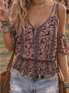 Going Out Top Floral Strappy Off Shoulder Aztec V Neck Nude Pink Daytrip Boho S